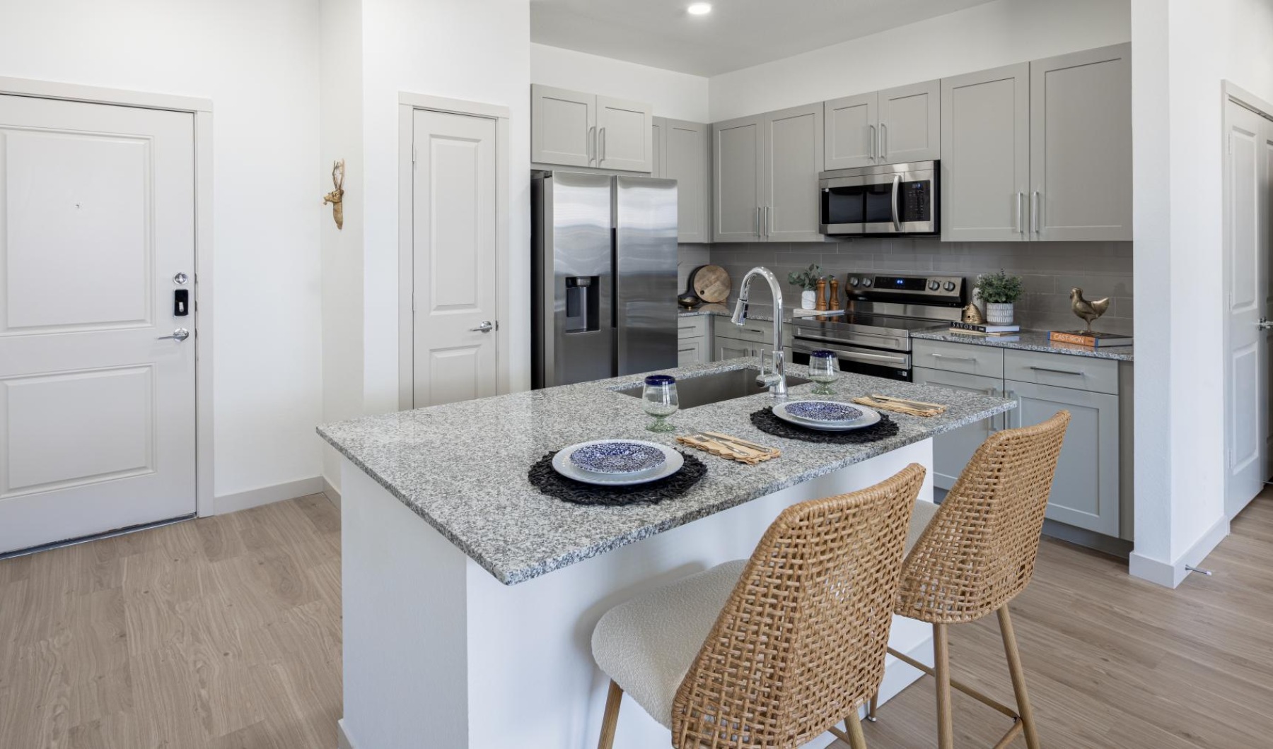 kitchen with an island and wooden accents