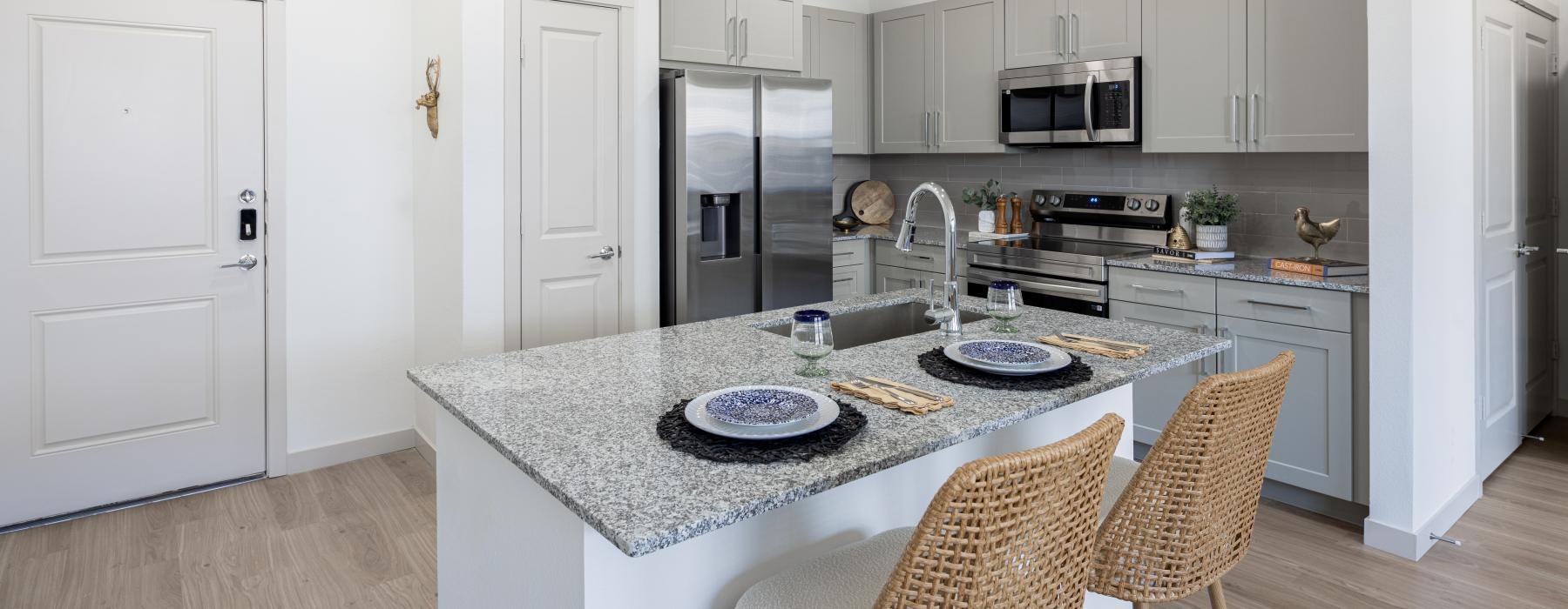 kitchen with an island and wooden accents